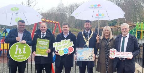 L-R: Paddy Doherty, Divisional Manager, Donegal County Council; Cllr. Liam Blaney, Cathaoirleach of Donegal County Council; Seamus Canning, Area Manager, Donegal County Council; Cllr. Donal Mandy Kelly, Mayor of Letterkenny-Milford Municipal District; Margaret Fitzgerald, Healthy Ireland Coordinator, Donegal County Council and Mr. John G. McLaughlin, Chief Executive, Donegal County Council. 